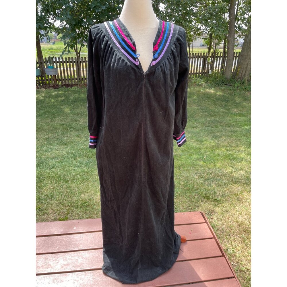 Vintage Anne Leslie Long Black Velour Dress With Colorful Trim Broken Hem